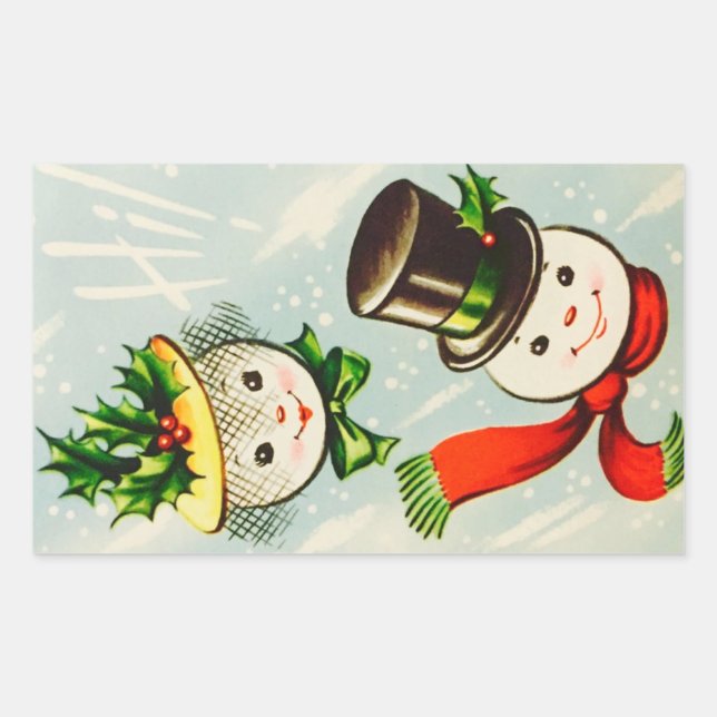 Sticker Rectangulaire Vintage Noël Snowman Couple (Devant)