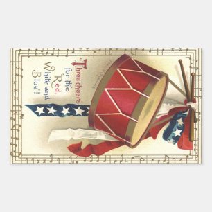 Sticker Rectangulaire Vintage patriotique, tambours avec notes de musiqu