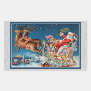 Sticker Rectangulaire vintage père Noël traîneau volant