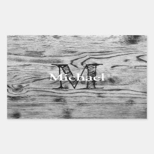 Sticker Rectangulaire Vintage rustique gris noir bois brûlé Monogramme