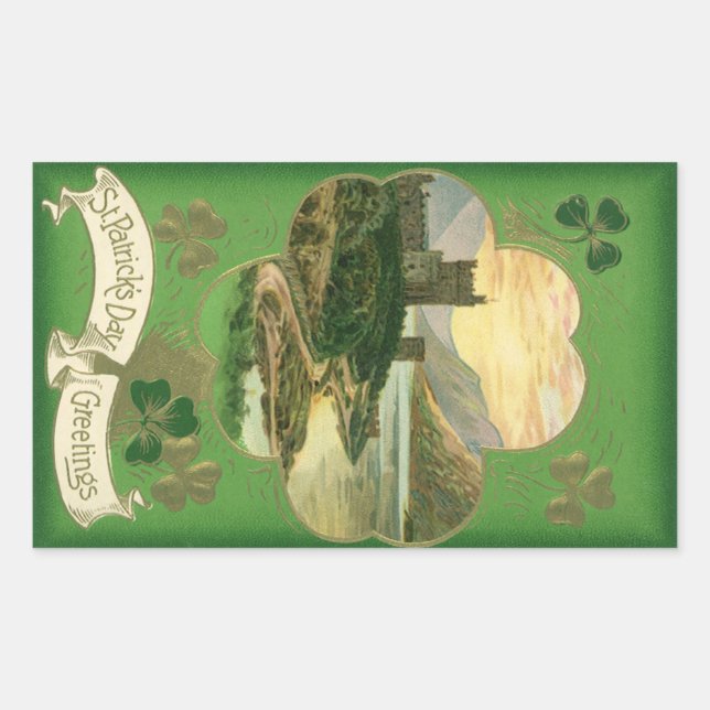 Sticker Rectangulaire Vintage Saint-Patricks Jour Salutations Shamrock C (Devant)