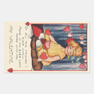 Sticker Rectangulaire Vintage Saint Valentin, Fille aux Coeurs rouges