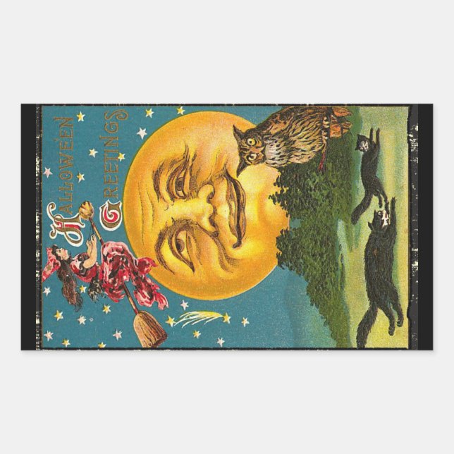 Sticker Rectangulaire Vintage sorcière d'Halloween sur la Lune (Devant)