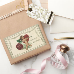 Sticker Rectangulaire Vintage victorien Saint-Valentin chérubin, rose et