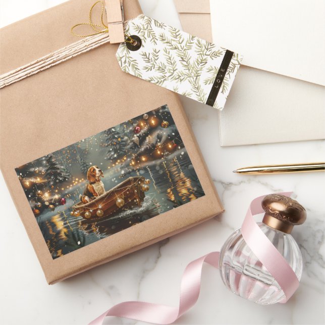 Sticker Rectangulaire Voyage festif de Noël beagle (Cadeaux)