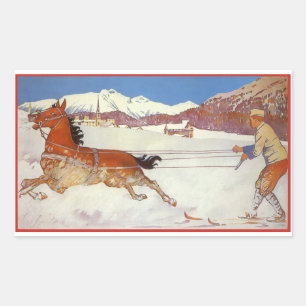 Sticker Rectangulaire Voyage Vintage, Hiver en Engadine Suisse