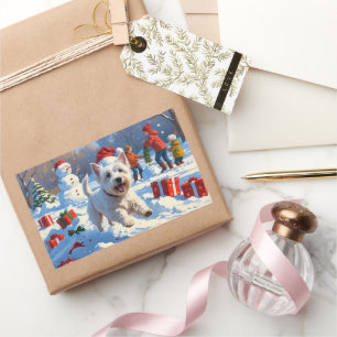 Sticker Rectangulaire Westie courant dans la neige avec un chapeau de No