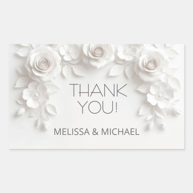 Sticker Rectangulaire White 3D Roses Wedding Thank You (Devant)