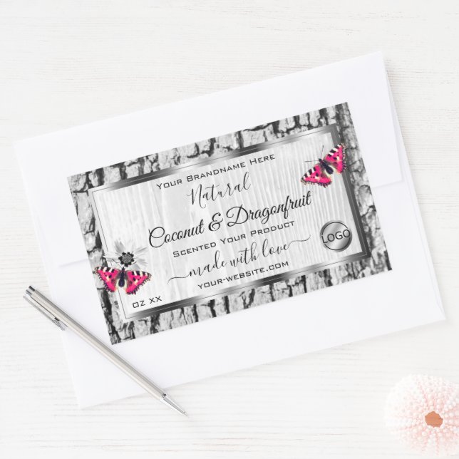 Sticker Rectangulaire White Tree Bark Pink Butterfly Produit Logo Étique (Enveloppe)