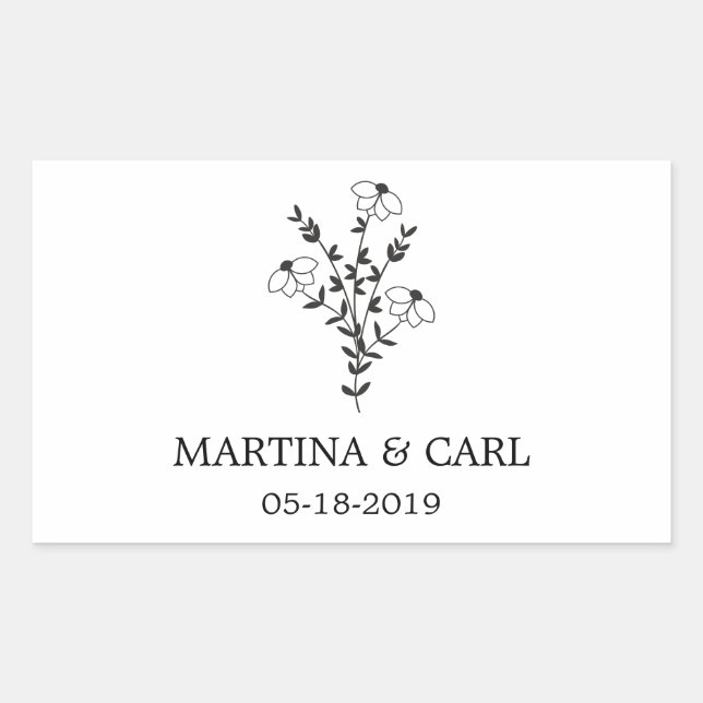 Sticker Rectangulaire Wildflowers and Branches Wedding Monogram in Black (Devant)