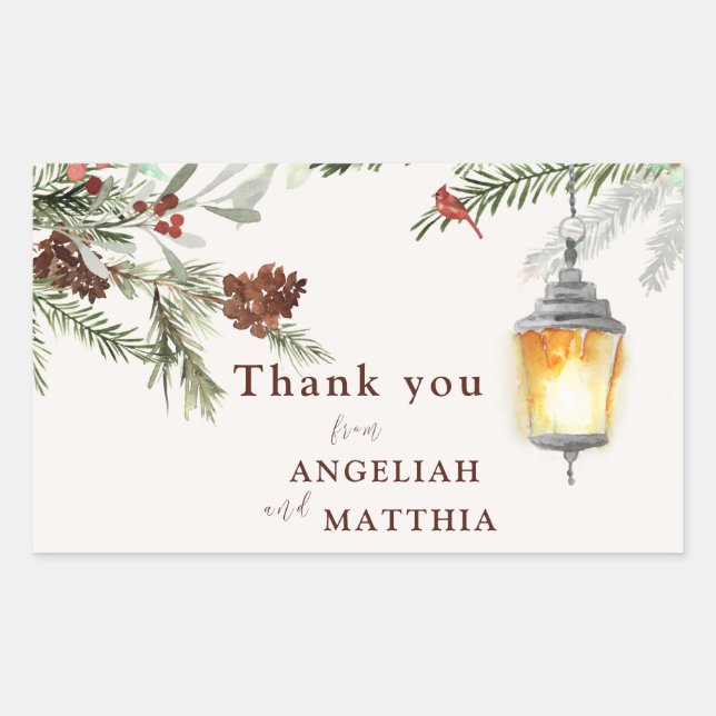 Sticker Rectangulaire Winter Greenery Red Cardinal & Berries Mariage (Devant)