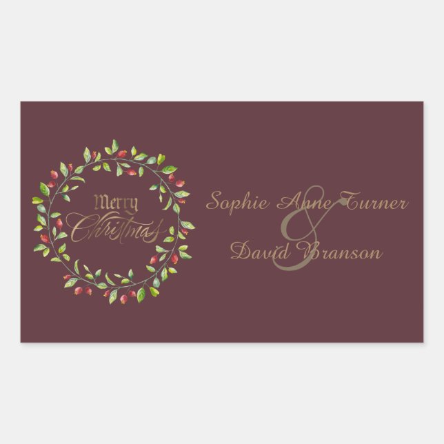 Sticker Rectangulaire Winter Red Berries Wreath Gold Joyeux Noël (Devant)