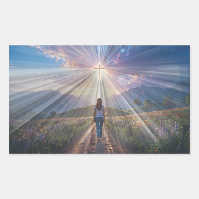 Sticker Rectangulaire Woman Walking Toward Glowing Cross – Faith Journey (Devant)