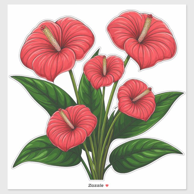 Sticker Red Anthurium Flowers with Green Leaves (Feuille)