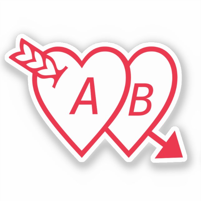 Sticker Red Double Hearts with Cupids Arrow and Initials (Recto)