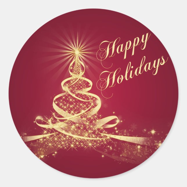 Sticker Red, Gold Lighted Tree Joyeux Vacances (Devant)