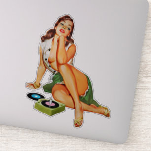 Sticker Red Head Pin-up Girl Jouant de vieux disques