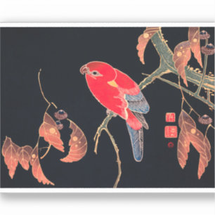 Sticker Red Parrot Oiseau Vintage Bois japonais Imprimer