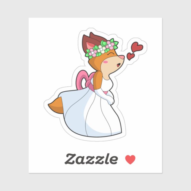 Sticker Renard comme mariée avec robe de mariée et couronn (Feuille)