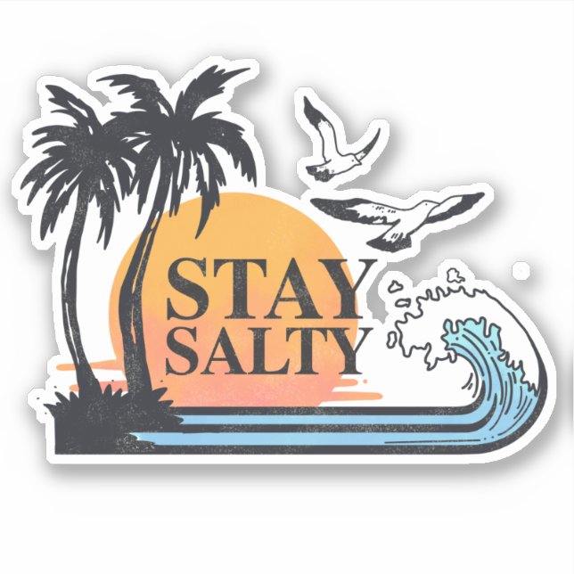 Sticker Restez Salé Soleil Palmiers Été Vagues Mouettes (Devant)