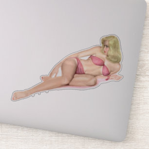 Sticker Retro Blonde Pin up Girl en maillot de bain rose