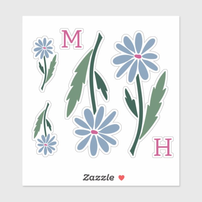 Sticker Retro Hand Drawn Blue Flowers Pink Monogram (Feuille)