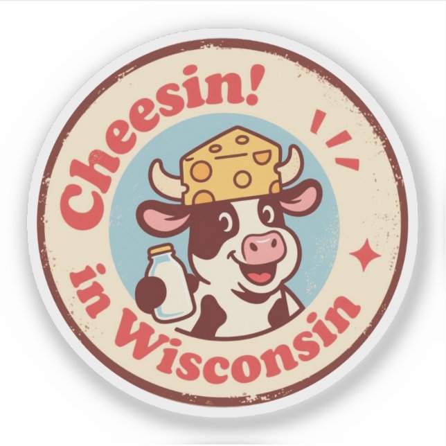Sticker Retro Wisconsin Badge_ Vache de dessin en Casquett (Devant)