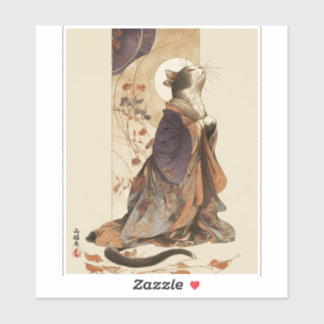 Sticker "Rêverie d'automne" Chat japonais en kimono Art