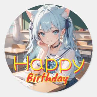 STICKER ROND セーラー服を着た猫耳の少女