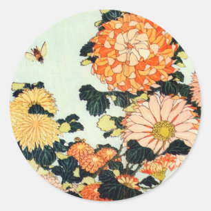 Sticker Rond 菊 と 蜂, 北 斎 Chrysanthemum et Bee, Hokusai