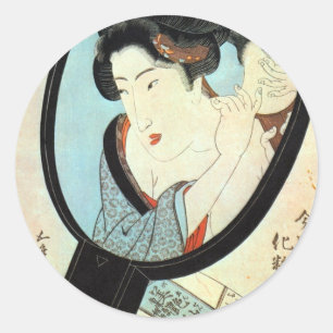 Sticker Rond 鏡 の 中 女, 国 貞 Femme dans le miroir, Kunisada