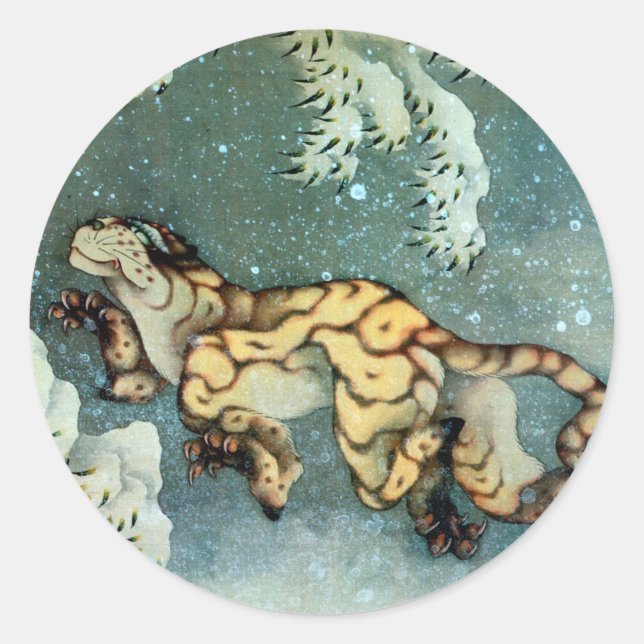 Sticker Rond 雪 中 虎 図, 北 tigre dans la neige, Hokusai (Devant)