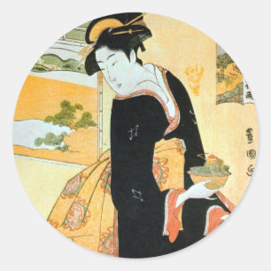 Sticker Rond 黒 い 着 の 女, 豊 Femme  de Black Kimono, Toyokuni