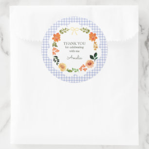 Sticker Rond 004 Indigo Bleu Floral Gingham Baby Shower