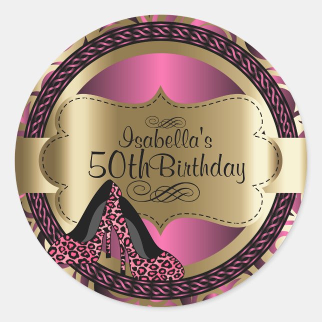 Sticker Rond 00e anniversaire | Leopard rose talons hauts (Devant)