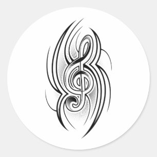 STICKER ROND 028 NOIR BLANC TREBLE CLEF TATTOO VECTOR CONCEPTIO