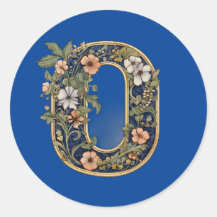 Sticker Rond 0 Monogramme bleu floral généré par l'IA
