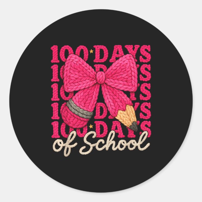 Sticker Rond 100 Days Of School Crochet Bow Pencil 100th Day Of (Devant)
