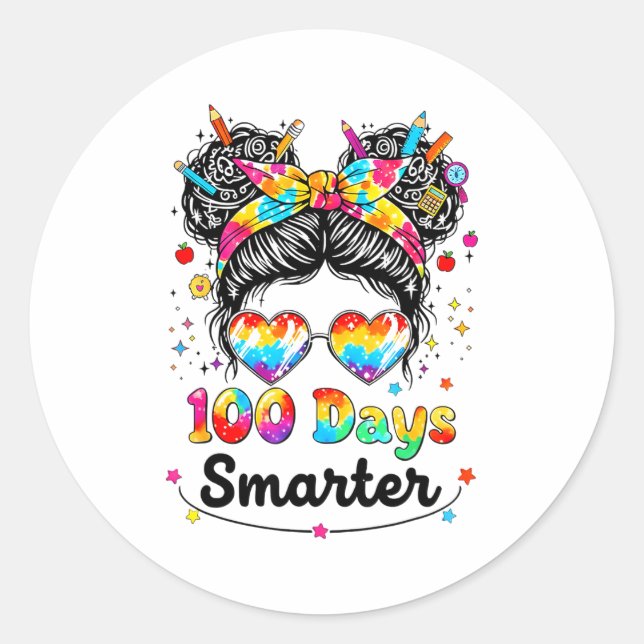Sticker Rond 100 Days Smarter Messy Bun 100th Day Of School Gir (Devant)