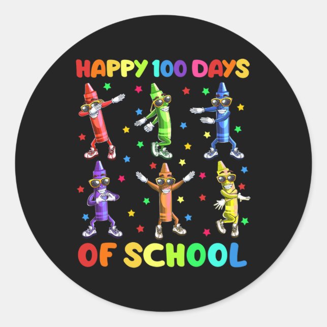 Sticker Rond 100 Jours De Crayons Scolaires Dansant Le 100E Jou (Devant)