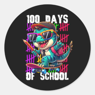 Sticker Rond 100 jours d'école dinosaure skateboard cool 