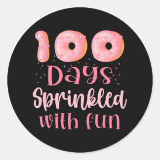 Sticker Rond 100 Jours Saupoudrés De Fun Pink Donut 100e Jour