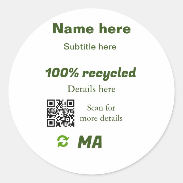 Sticker Rond 100% recyclé ajouter Q R code ici nom d'entreprise (Devant)