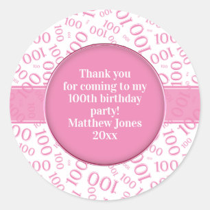Sticker Rond 100e anniversaire Numéro Motif rose/blanc