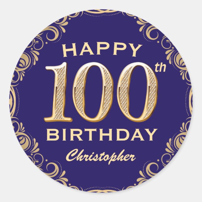 Sticker Rond 100e anniversaire Parties scintillant bleu et or d (Devant)