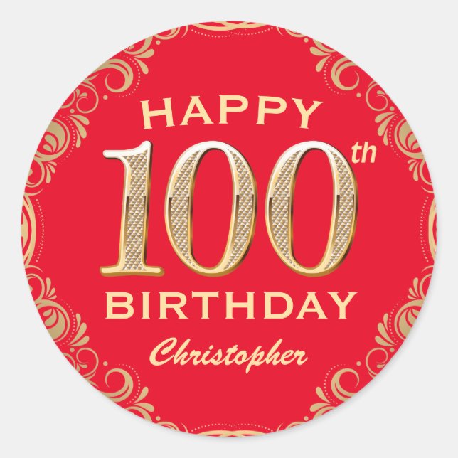 Sticker Rond 100e anniversaire Parties scintillant rouge et or (Devant)