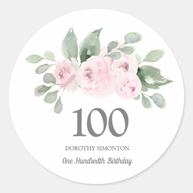 Sticker Rond 100e fête Anniversaire Rose Eucalyptus (Devant)
