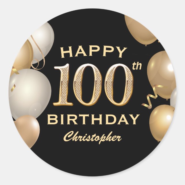 Sticker Rond 100e fête d'anniversaire Ballons Noir et Or (Devant)