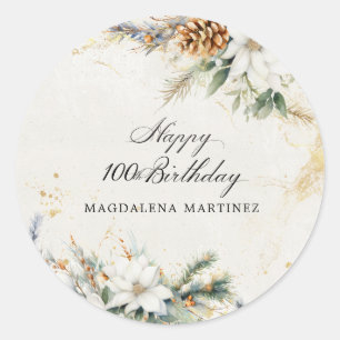 Sticker Rond 100e fête d'anniversaire Blanc hiver Floral person