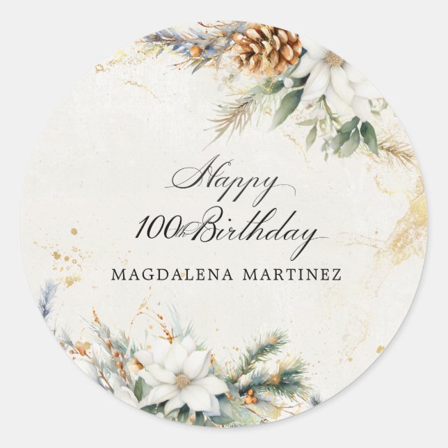 Sticker Rond 100e fête d'anniversaire Blanc hiver Floral person (Devant)